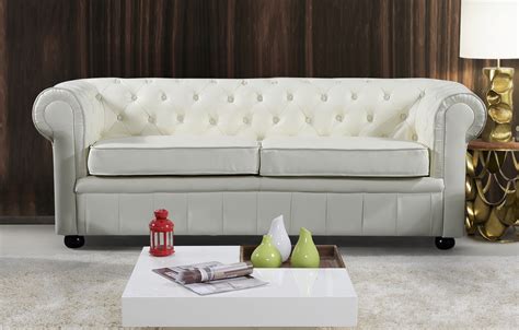 Modern Chesterfield Style Leather Sofa - Cream Leather