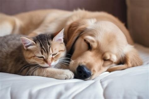 Premium AI Image | Cat and dog sleeping together Kitten and puppy ...