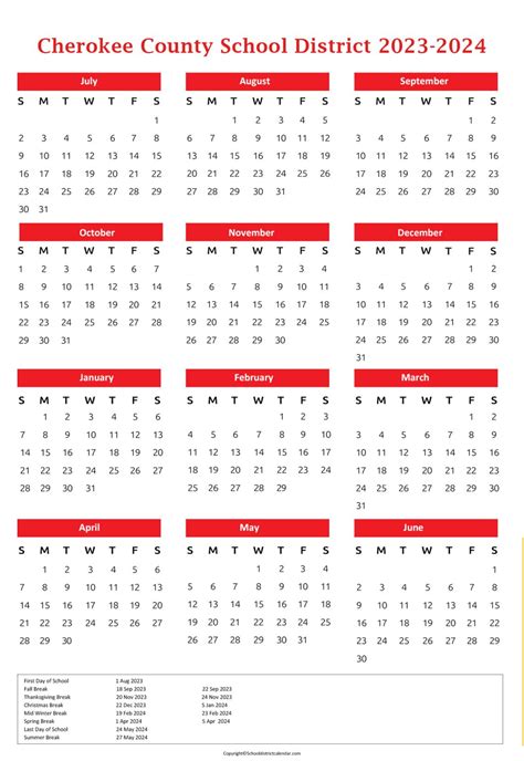 Cherokee County School District Calendar Holidays 2023-2024