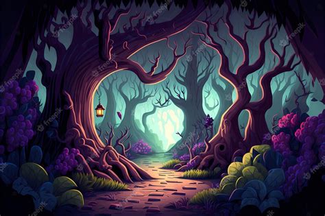 Premium Photo | Background mystical forest illustration, Cartoon Style ...