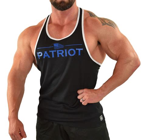 Stringer Tank Top In Black And White Trim With Patriot Design In Blue