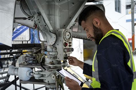 Male aircraft maintenance engineer examining engine of an aircraft ...