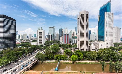 Jakarta skyline with modern office towers and hotels along Jalan ...