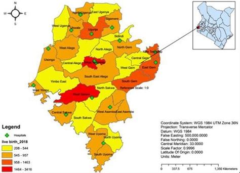 A map showing the livebirths per administrative ward and the location ...