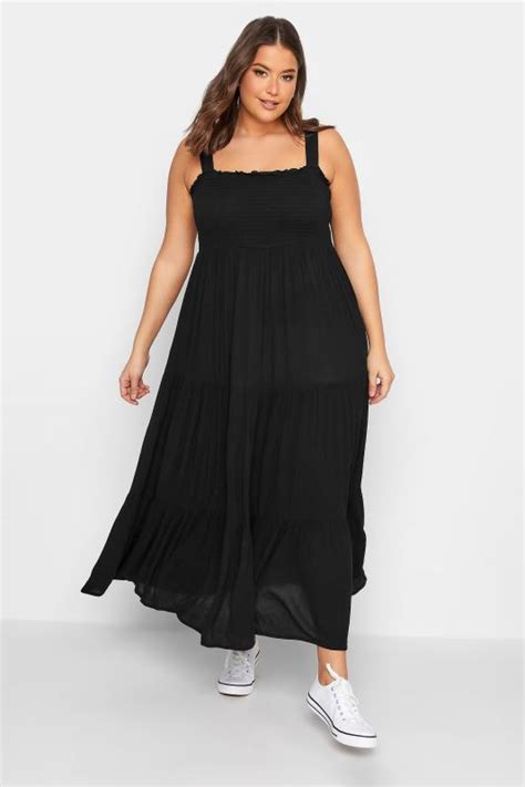 YOURS Curve Plus Size Black Shirred Strappy Midi Dress | Yours Clothing