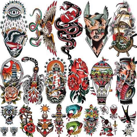 Buy 77 sheets Classic Temporary Tattoos Old School Tattoos Stickers ...