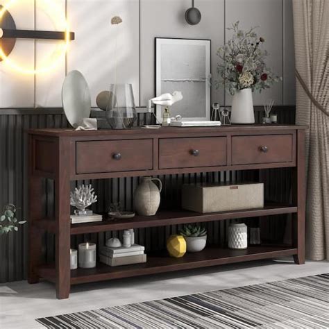 URTR 50 in.Espresso Rectangle Wood Long Console Table with Drawers and ...