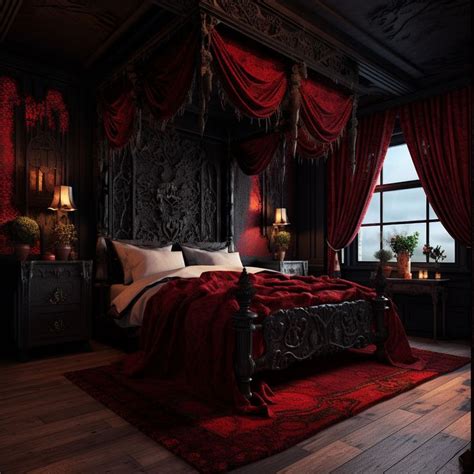 a large bed sitting under a window next to a red rug on top of a wooden ...