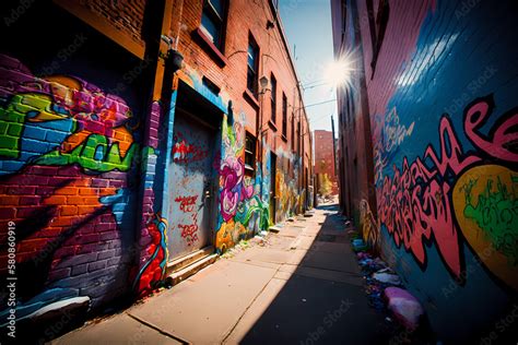 Graffiti Covered Alleyway in the Late Afternoon, Colorful Paint on ...