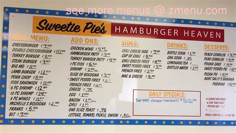 Menu at Sweetie Pie's Hamburger Heaven restaurant, St. Louis