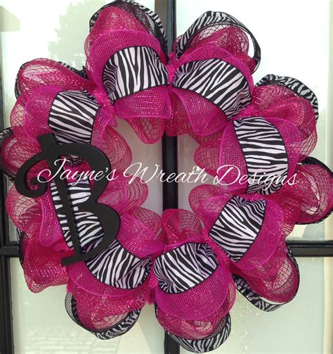 Hot Pink deco mesh wreath with zebra print ribbon and initial Denham ...