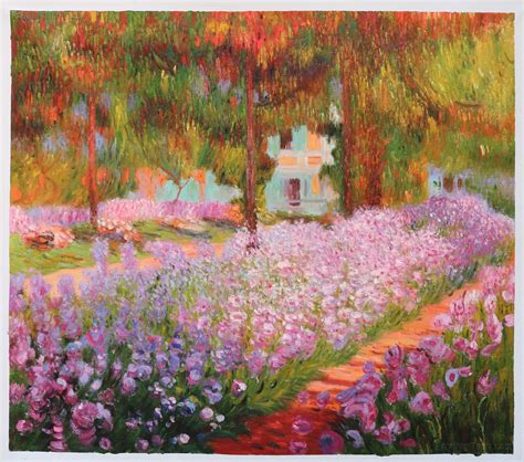 a painting of flowers and trees in a garden with a path leading to a house