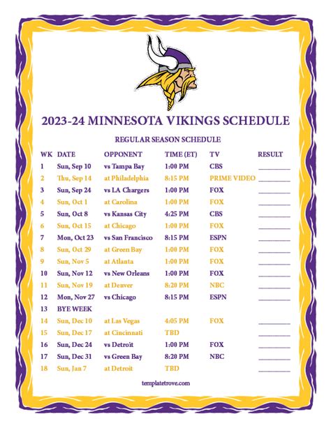 Printable 2023-2024 Minnesota Vikings Schedule