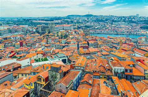 Aerial panoramic view of Porto Oporto city historical centre with red ...