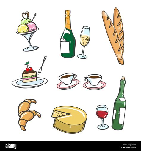 Hand drawn dessert food and drinks. Vector icons of popular french food ...