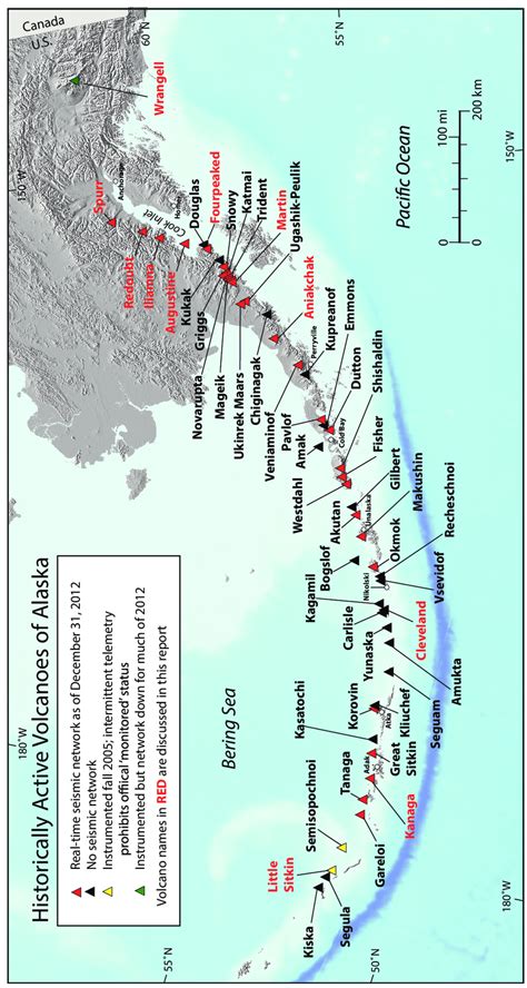 Map showing 52 historically active volcanoes in Alaska along with place ...