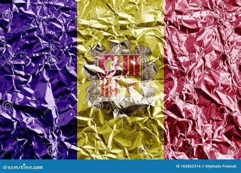 Andorra Flag Depicted in Paint Colors on Shiny Crumpled Aluminium Foil ...