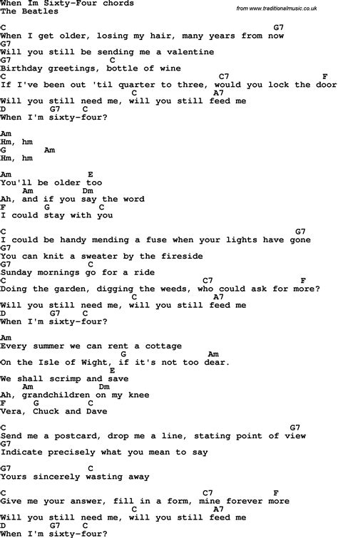 Song lyrics with guitar chords for When I'm 64 - The Beatles