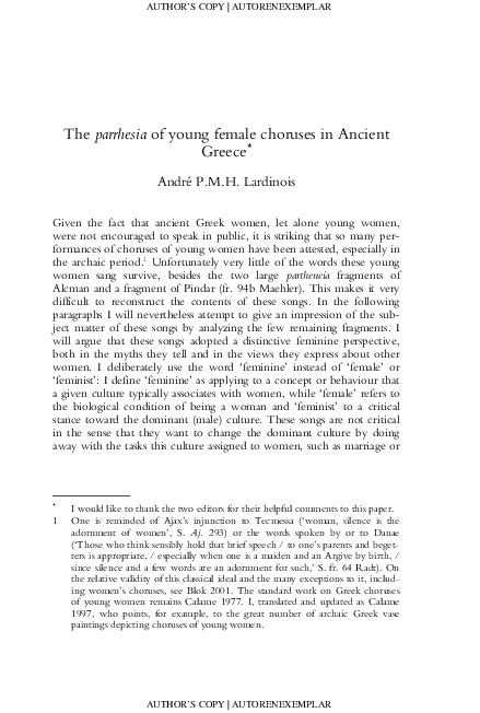 (PDF) The parrhesia of young female choruses in Ancient Greece | André ...