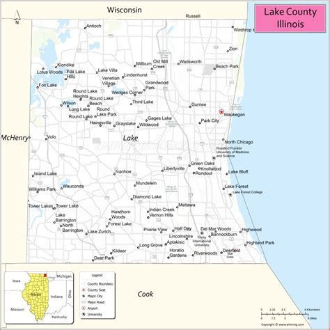 Map of Lake County, Illinois showing cities, highways & important ...