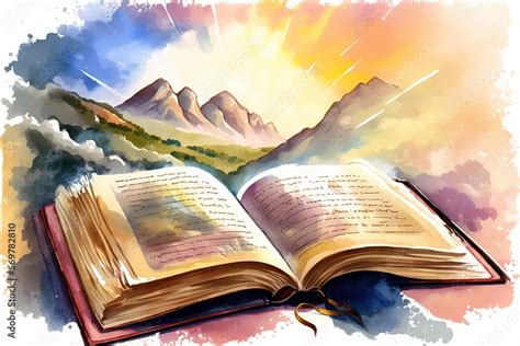 Bible illustration open book landscape art paradise sun light prayer ...