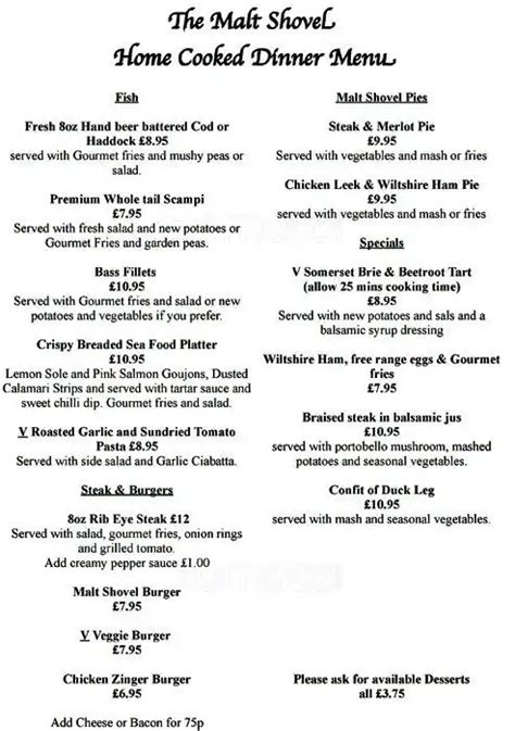 Menu at Malt Shovel pub & bar, Dartford, 3 Darenth Road