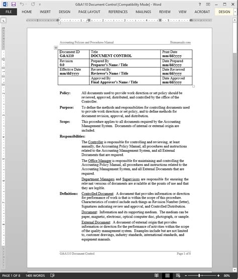 Accounting Document Control Procedure Template Word