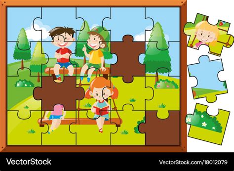 Jigsaw puzzle game with kids in park Royalty Free Vector