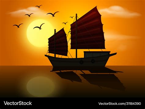 Silhouette scene with sailboat at sunset Vector Image