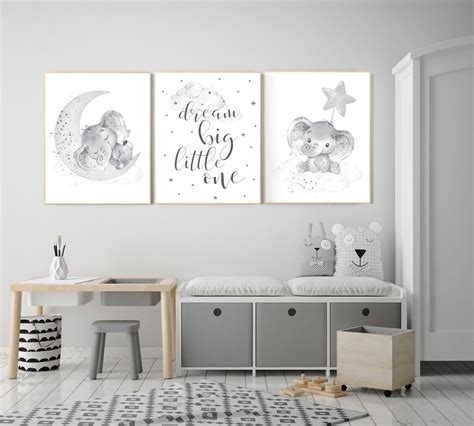 Grey nursery wall art, elephant nursery wall art, gender neutral, gray ...