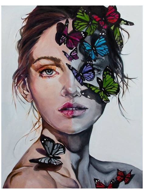 a painting of a woman with butterflies on her face