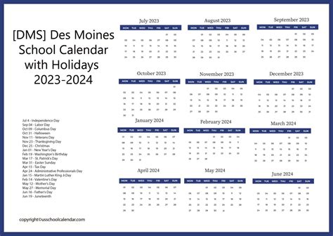 [DMS] Des Moines School Calendar with Holidays 2023-2024