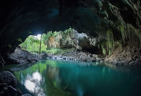 A Cave With A Blue Natural Swimming Pool Inside It Background, Gyeonggi ...