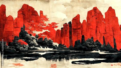 Traditional painting chinese ink red landscape. Painting of hills ...