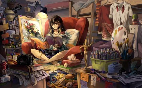 Girl reading while painting wallpaper | anime | Wallpaper Better