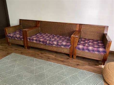 Sofa Set Kayu dan Rotan 3 + 1 + 1, Furniture & Home Living, Furniture ...