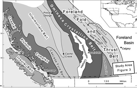 Overview map of the southern Canadian Cordillera outlining its ...