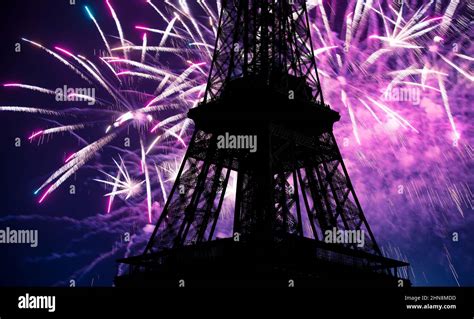 Celebratory colorful fireworks over the Eiffel Tower in Paris, France ...