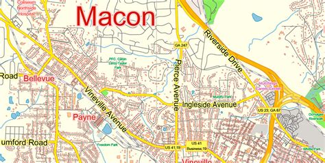 Macon Georgia US PDF Map Vector Exact City Plan LOW Detailed Street Map ...