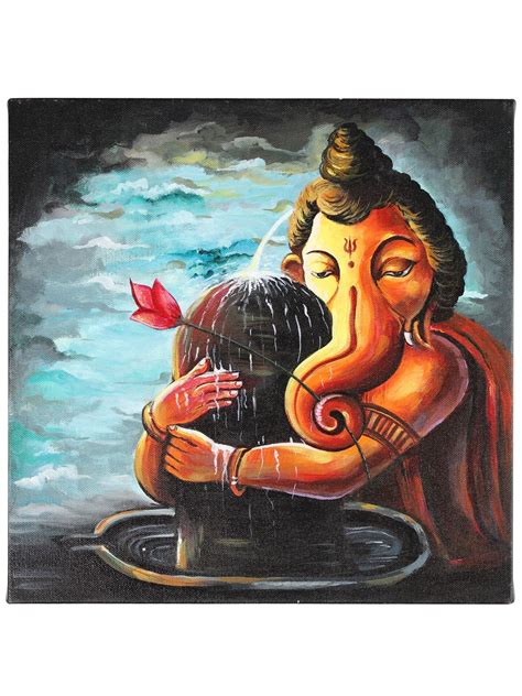 Lord Ganesha with Shivalinga | Oil Painting on Canvas | Exotic India Art