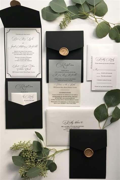 Black Pocket Fold Wedding Invitation with Gold Wax Seal | Wedding cards ...