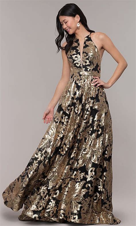 Long Gold Sequin-Print High-Neck Black Prom Dress | Gold and black ...