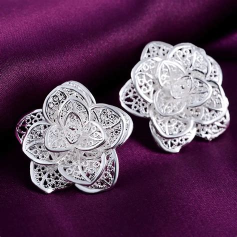 2017 new Beautiful Flower silver stud earrings for woman lady high ...