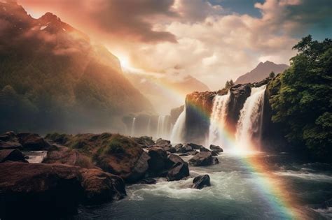 Premium AI Image | a rainbow over a waterfall in the sky