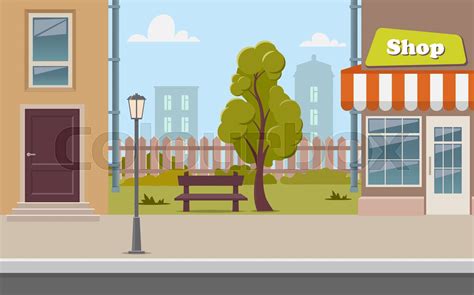 Cute cartoon town street with a shop, tree, bench, fence, street lamp ...