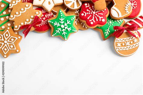 Tasty homemade Christmas cookies on white background, top view Stock ...