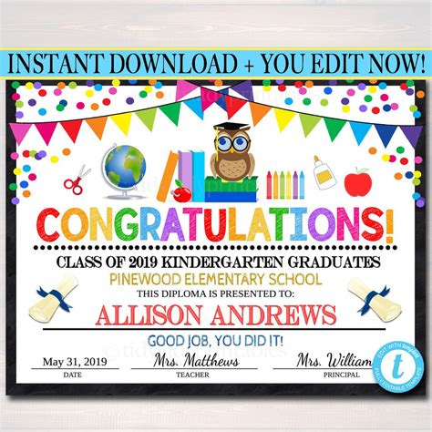 EDITABLE Graduation Certificate ANY GRADE Printable Diploma Kindergart ...