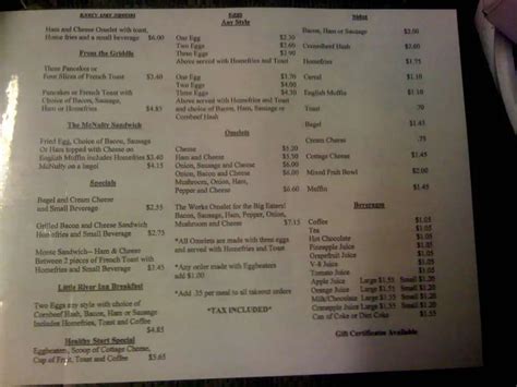 Menu at Little River Inn restaurant, Lynn