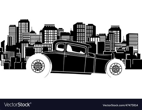 Black silhouette of hot rod car with city Vector Image