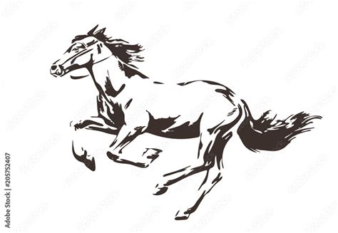 Silhouette of energetic running horse painted by ink. Vector hand drawn ...